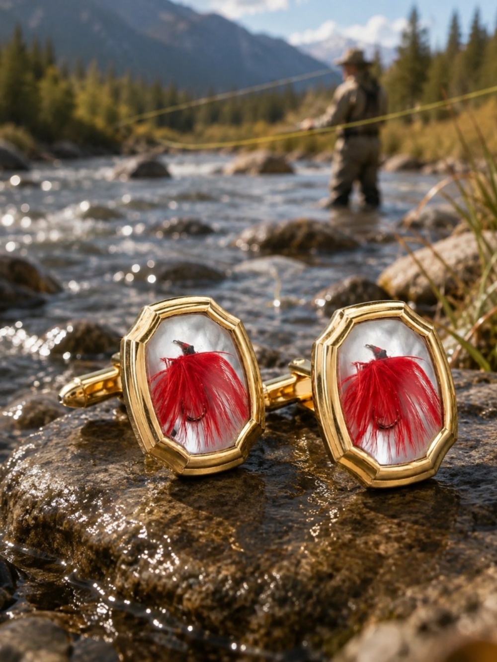 Vintage Correct Quality Essex Glass Fly Fishing Cufflinks Gold Tone